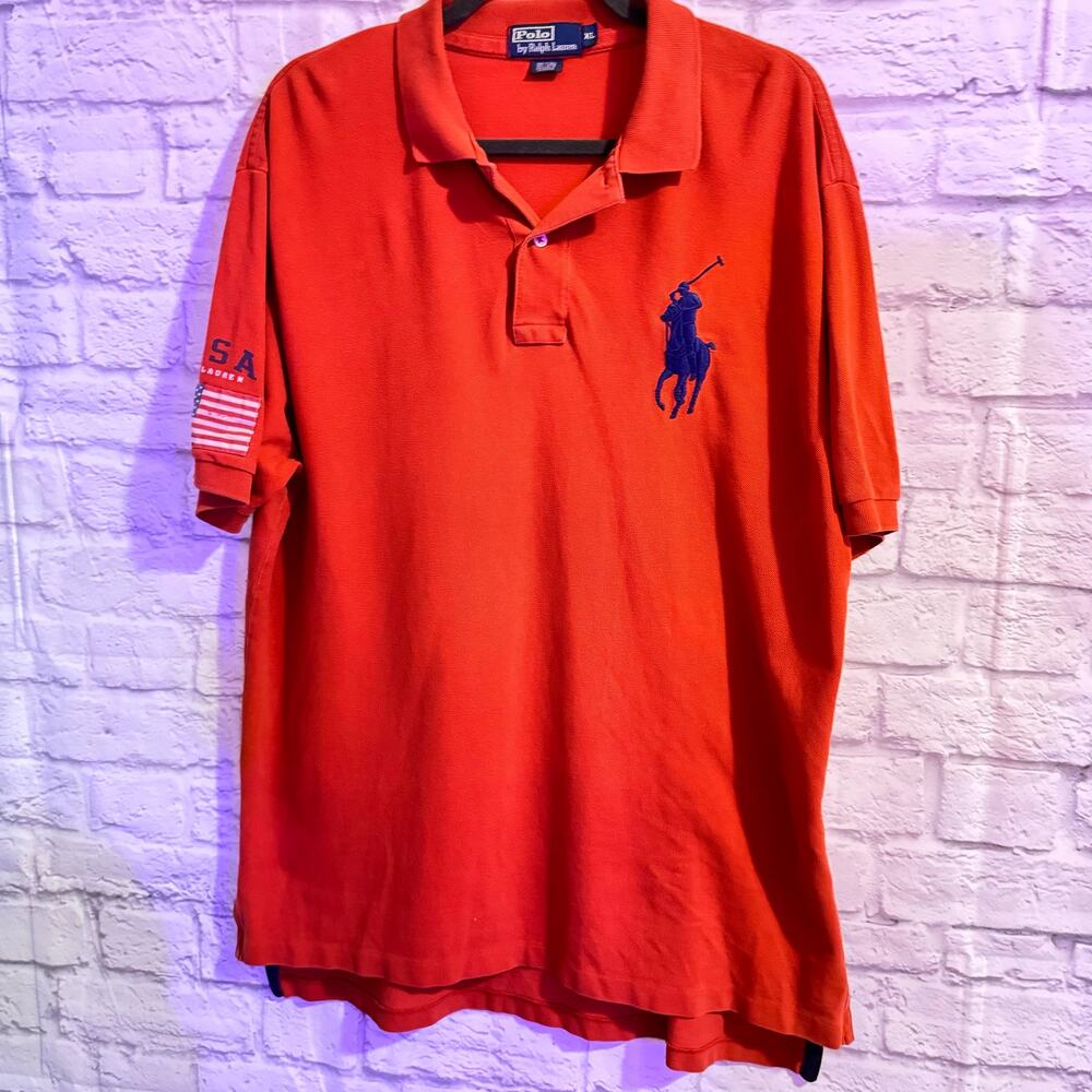 POLO RALPH LAUREN RED POLO SHIRT WITH LARGE POLO  EMBLEM AND US FLAG SZ XL